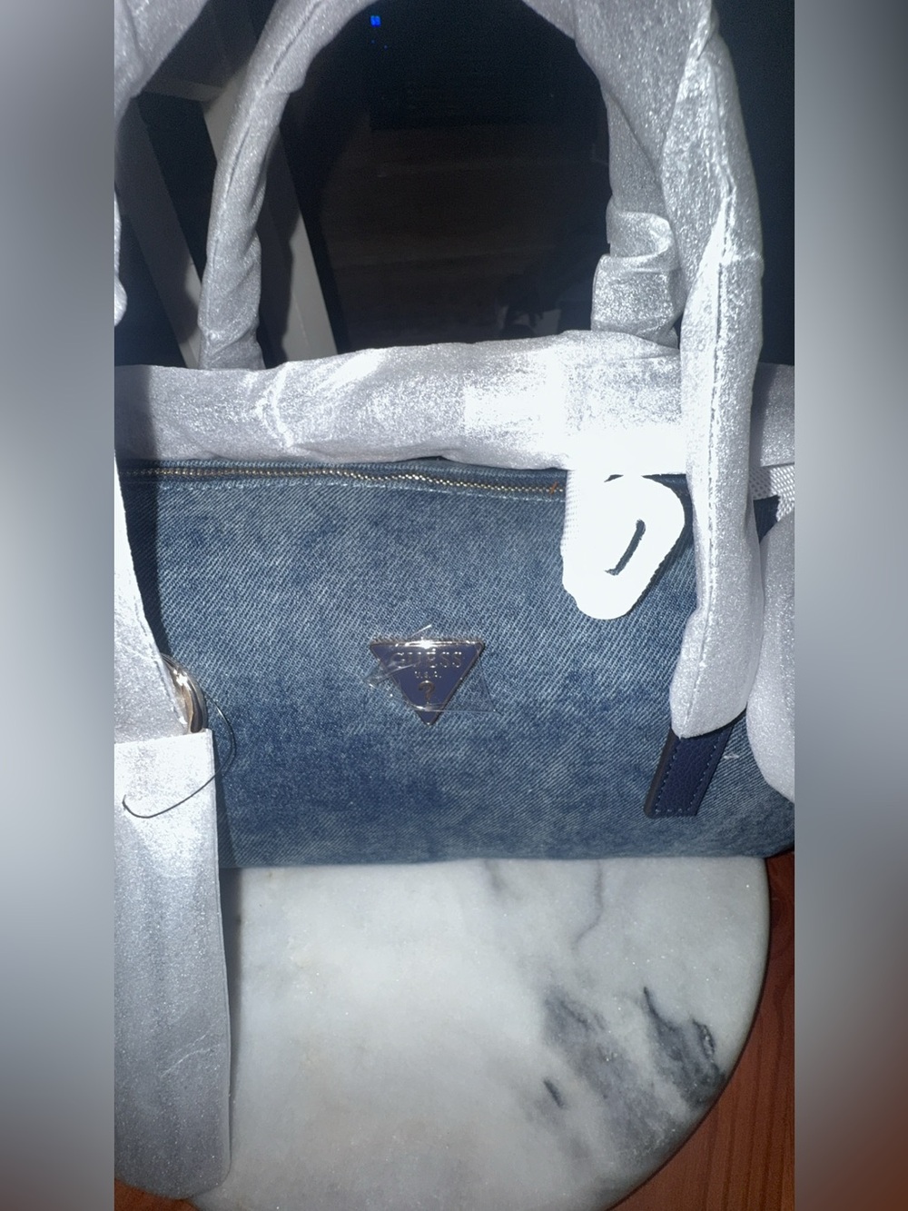 NWT GUESS Kassie Small Box Satchel Bag Denim Y2K - Picture 4 of 7